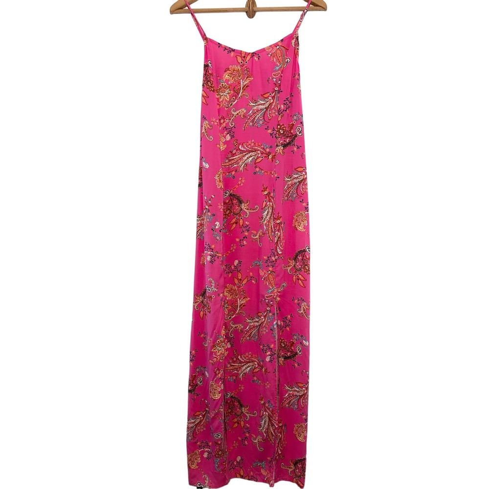 Wonderly Women’s Hot Pink Floral Paisley Double Slit Maxi Tank Dress S